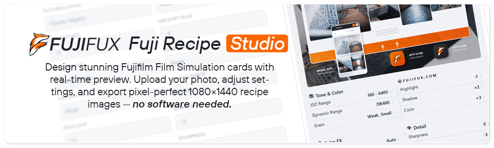 Fuji Recipe Studio is a powerful creator tool for designing high-quality Fujifilm film recipe cards for Instagram and social media. With a real-time live preview, photographers can visually present their Fujifilm camera settings such as Film Simulation, White Balance, Dynamic Range, Color, Grain Effect, ISO, and more, and export them as a pixel-perfect 1080×1440 image. The tool allows users to upload their own photos, freely reposition the image within the frame, and see an exact preview of the final download. All elements are rendered on a single canvas, ensuring that the preview and the exported image are 100% identical. Fuji Recipe Studio is designed for photographers, content creators, and Fujifilm enthusiasts who want to present, share, or archive their Fujifilm film recipes in a clean, modern, and professional way – without the need for graphic design software, directly in the browser. Pixel-perfect export optimized for the latest Instagram format (2026).